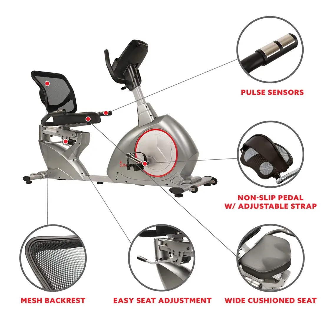 Sunny Health & Fitness Easy Adjustable Seat Recumbent Bike